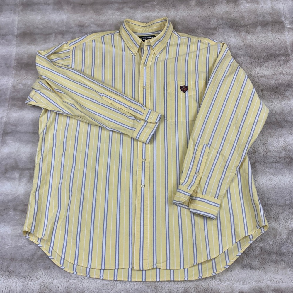 Ralph Lauren Golf Tilden Shirt Mens XL Yellow Blue Striped Cotton Oxford Crest - Picture 2 of 9